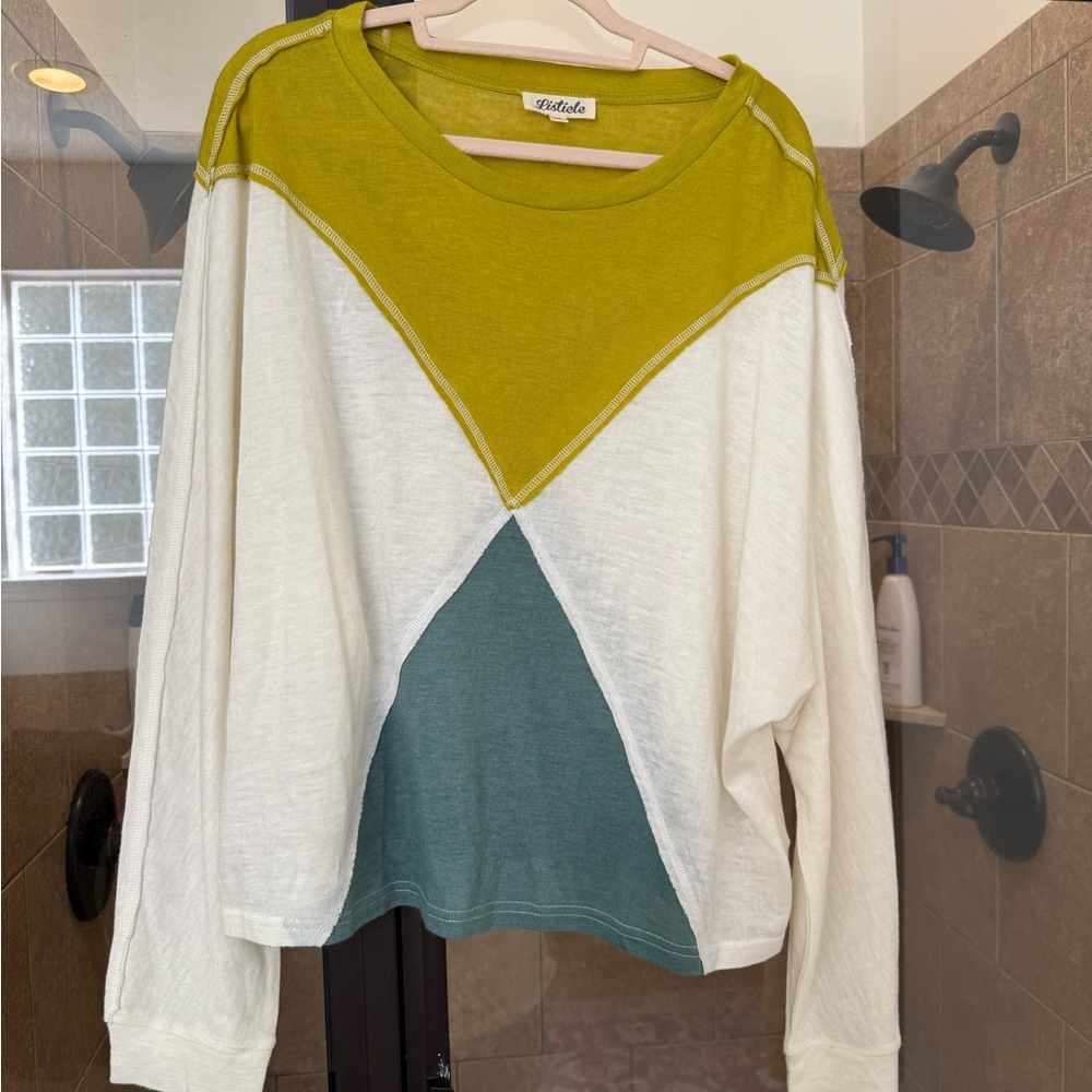 Listicle Colorblock Long-Sleeve Top in Olive, Cream & Teal